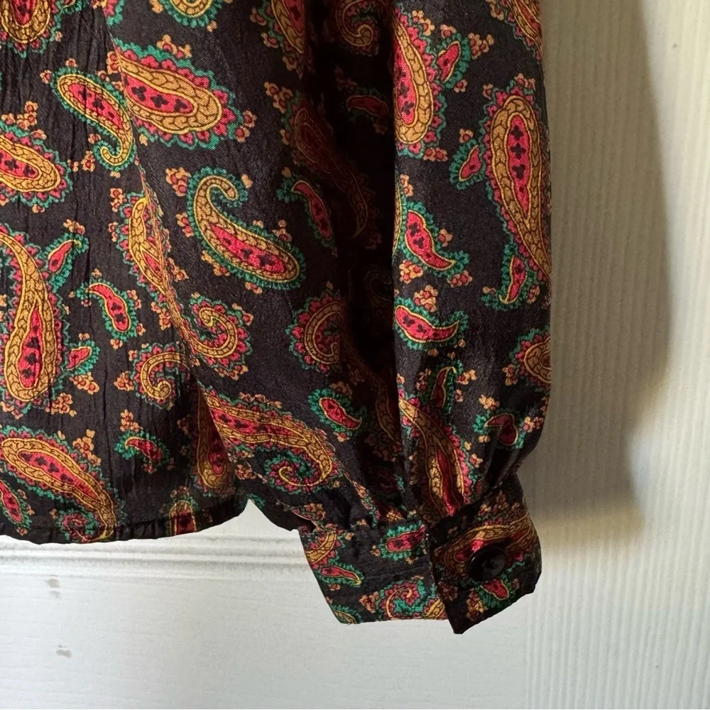 Vintage 90s Paisley Blouse Womens Size‎ 10 Black Long Sleeve Boho EUC